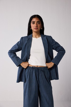 Weekday Blazer and Wide-leg Drawstring Pants Set in Blue Stripes from Reistor