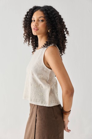 The Embroidered Button Back Top in Checkered Linen from Reistor