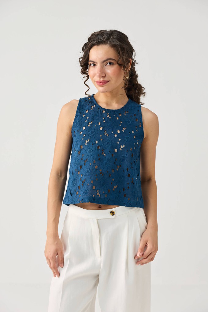 The Embroidered Button Back Top in Blue from Reistor