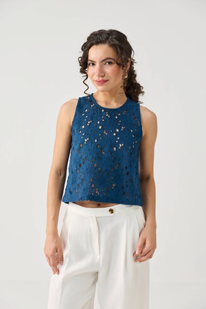 The Embroidered Button Back Top in Blue from Reistor