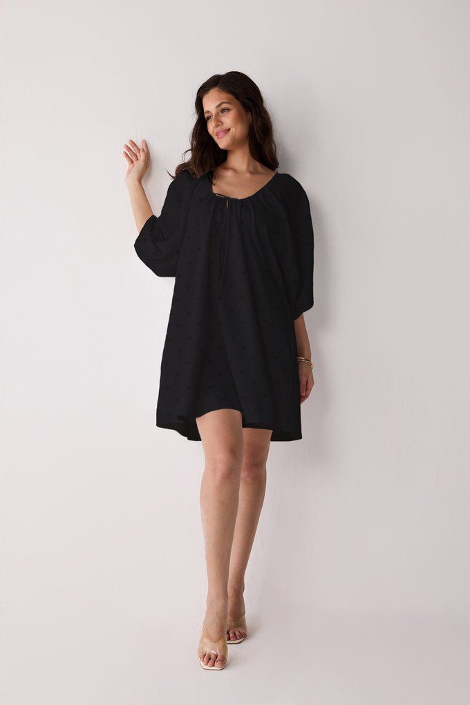 Puff Sleeved Dress with Drawstring Neckline in Black from Reistor