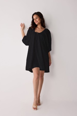 Puff Sleeved Dress with Drawstring Neckline in Black from Reistor