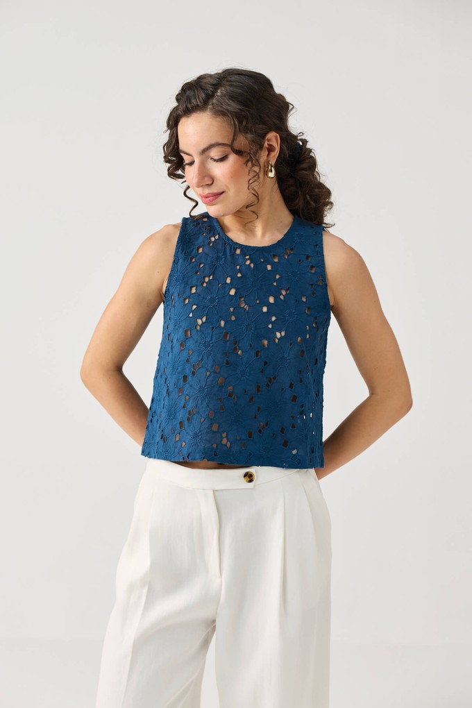 The Embroidered Button Back Top in Blue from Reistor