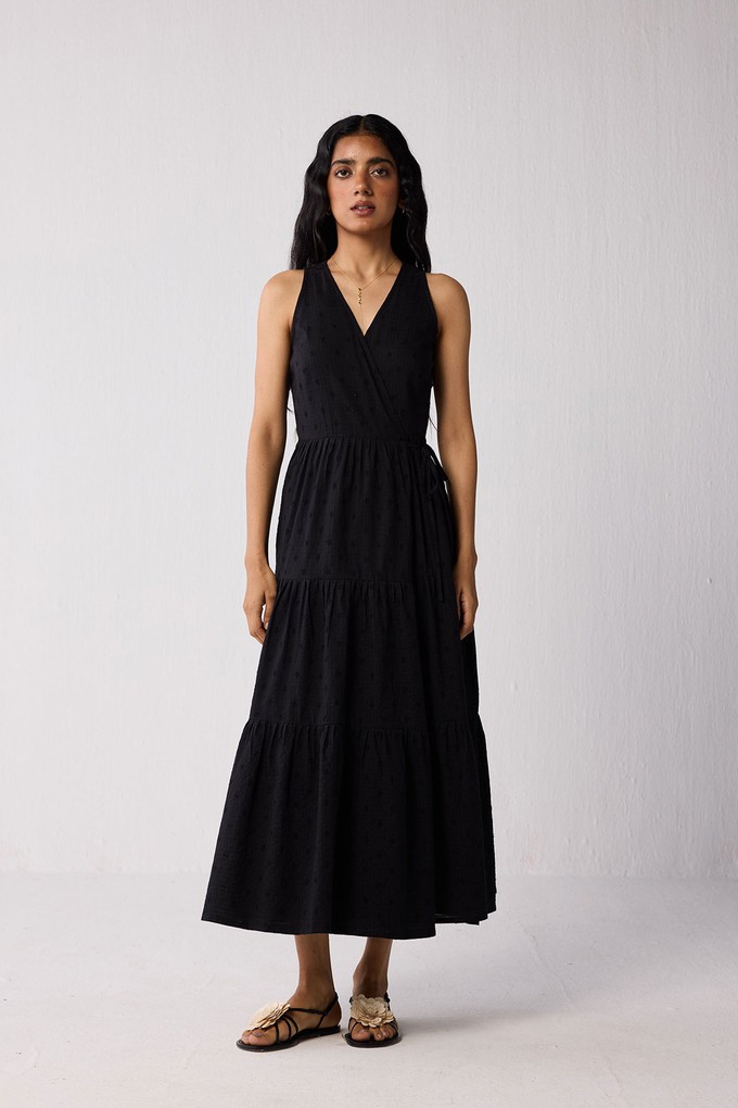 Sleeveless Embroidered Wrap Dress with Tiers in Black from Reistor