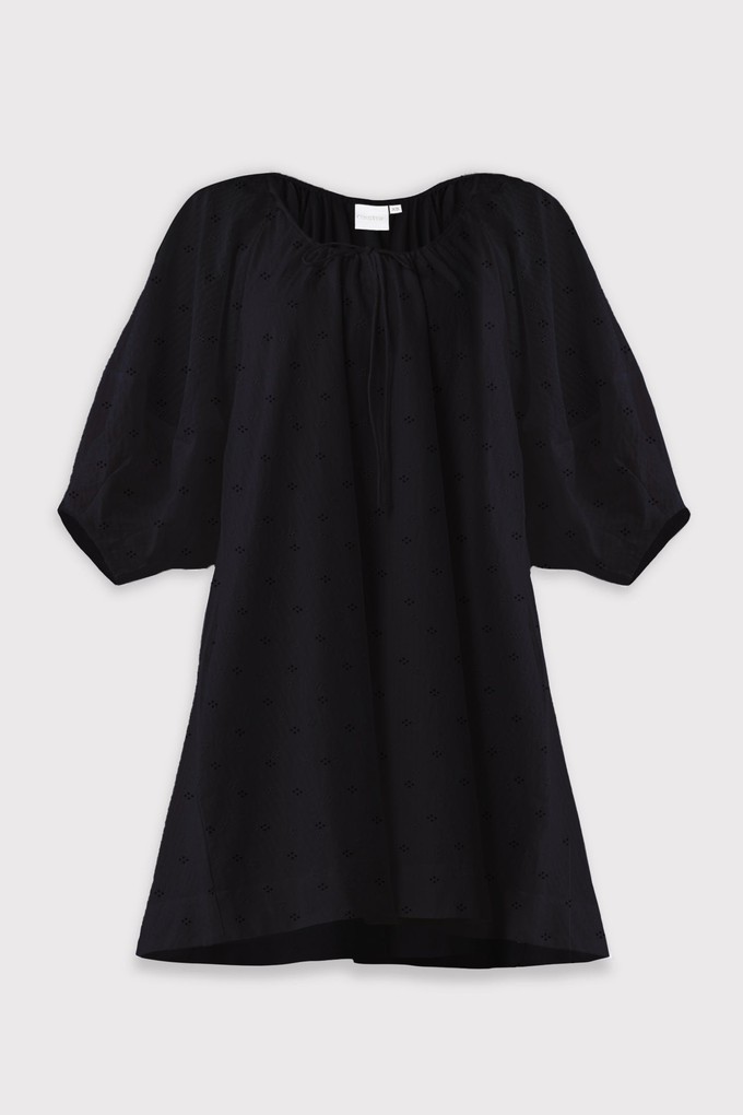 Puff Sleeved Dress with Drawstring Neckline in Black from Reistor