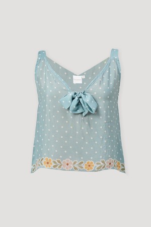 Deep V-Neck Polka Dot Top with Bow Detail from Reistor