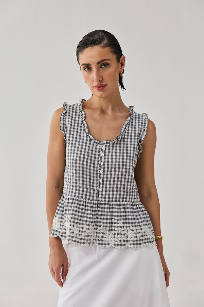 Embroidered Peplum Top in Grey Check from Reistor