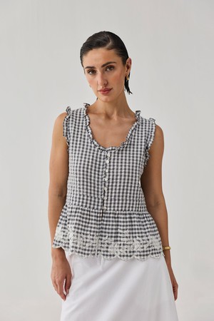 Embroidered Peplum Top in Grey Check from Reistor