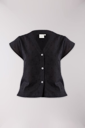 V-Neck Embroidered Top with Front Buttons in Black from Reistor