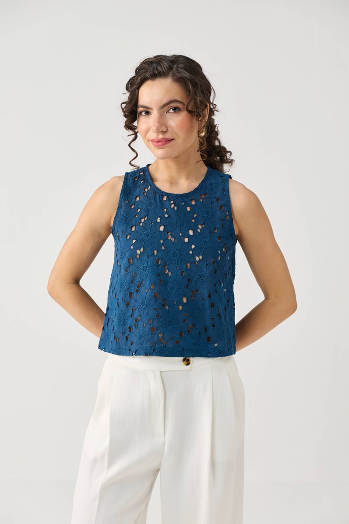 The Embroidered Button Back Top in Blue from Reistor