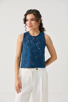 The Embroidered Button Back Top in Blue via Reistor