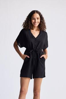 V neck Drawstring Romper in Black via Reistor