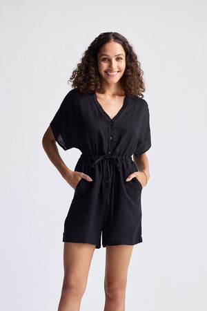 V neck Drawstring Romper in Black from Reistor
