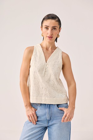 Embroidered Button Front Neck Top in Cream from Reistor