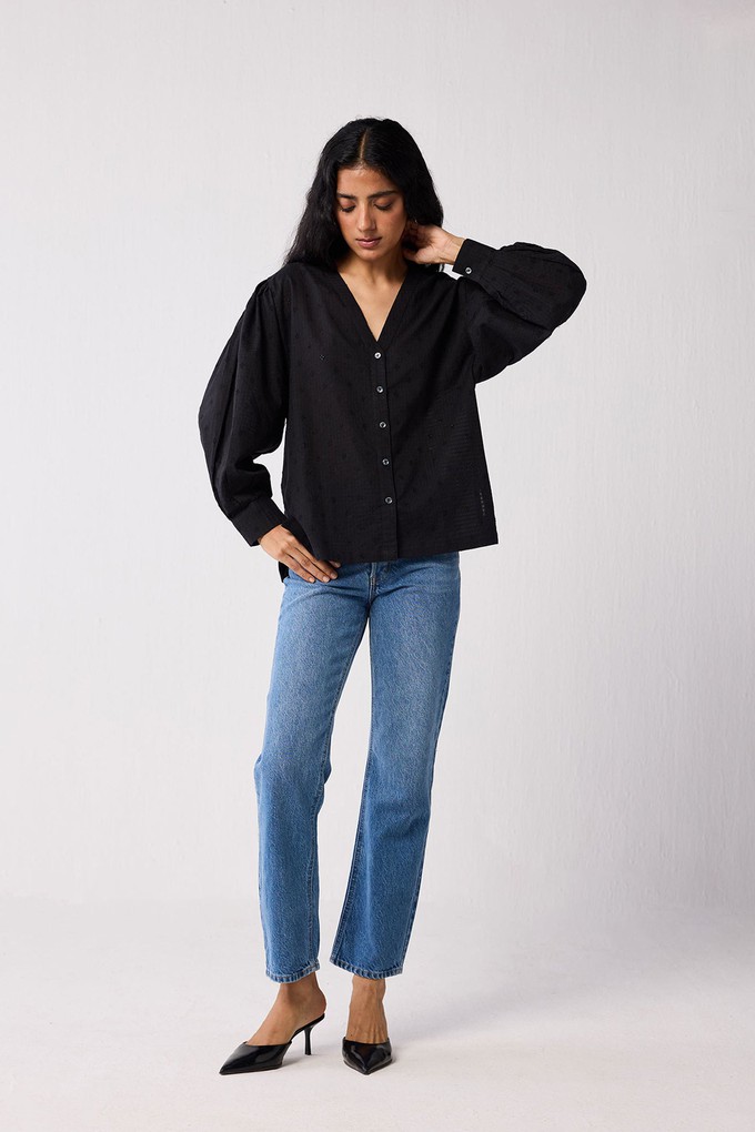 Embroidered Shirt with Long Balloon Sleeves in Black from Reistor