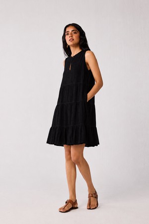 Embroidered Everyday Sleeveless Short Tiered Dress in Black from Reistor
