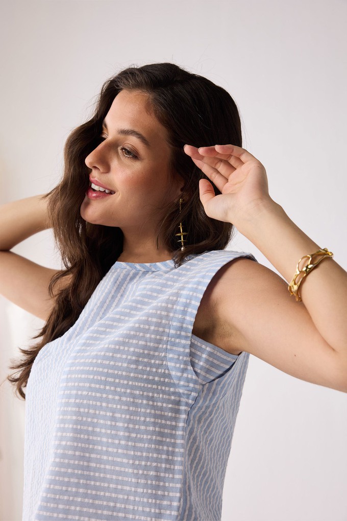 Button-Back Crew Neck Top in Blue Stripes from Reistor