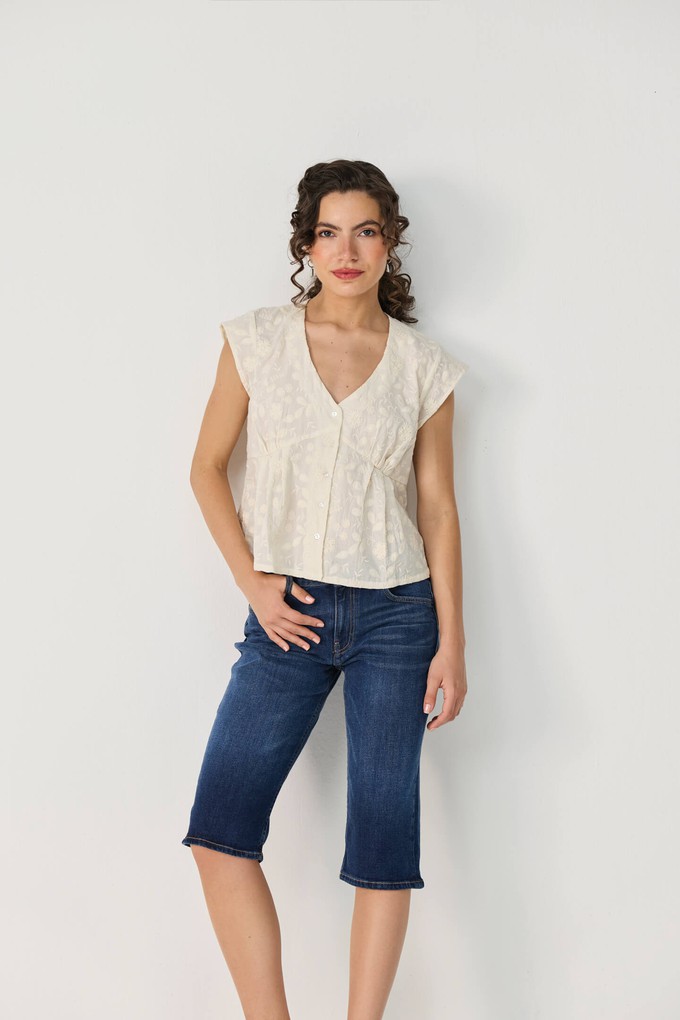 Embroidered Deep V Neck Top in Cream from Reistor