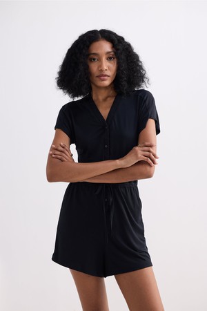 V neck Drawstring Knit Romper in Black from Reistor