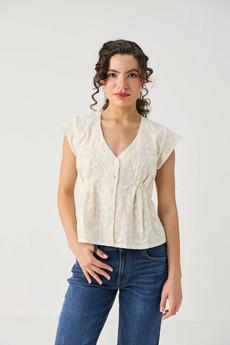 Embroidered Deep V Neck Top in Cream via Reistor