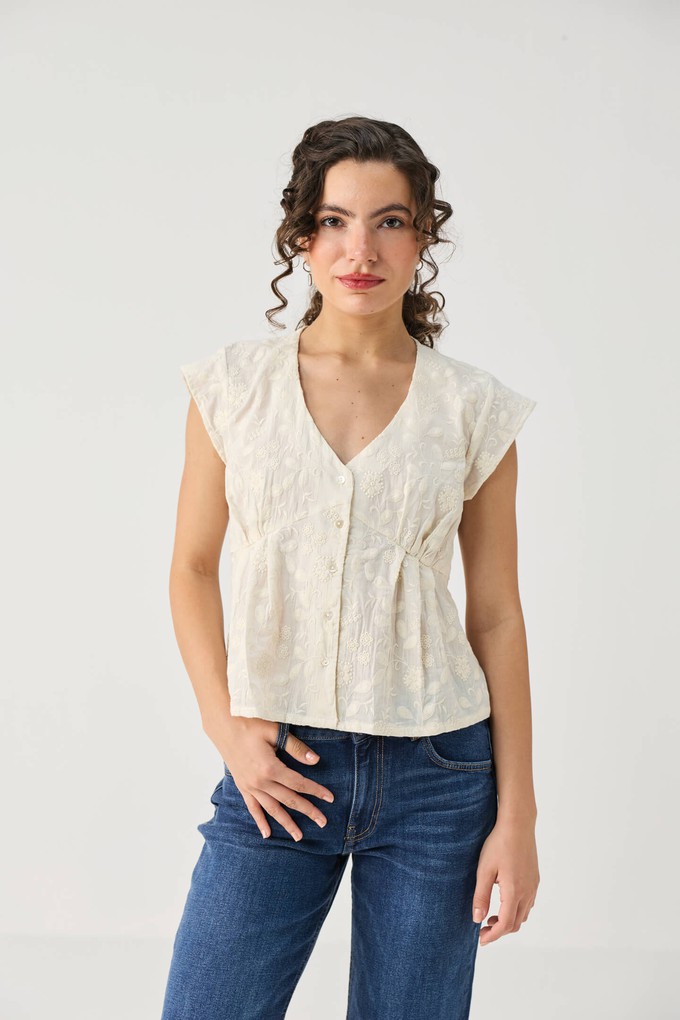 Embroidered Deep V Neck Top in Cream from Reistor
