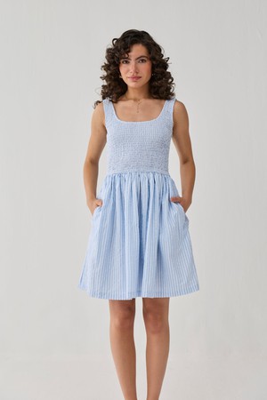 Smocked Short Dress in Blue Stripes from Reistor