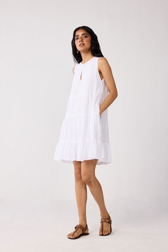 Embroidered Everyday Sleeveless Short Tiered Dress in White from Reistor