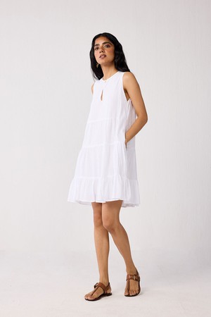 Embroidered Everyday Sleeveless Short Tiered Dress in White from Reistor
