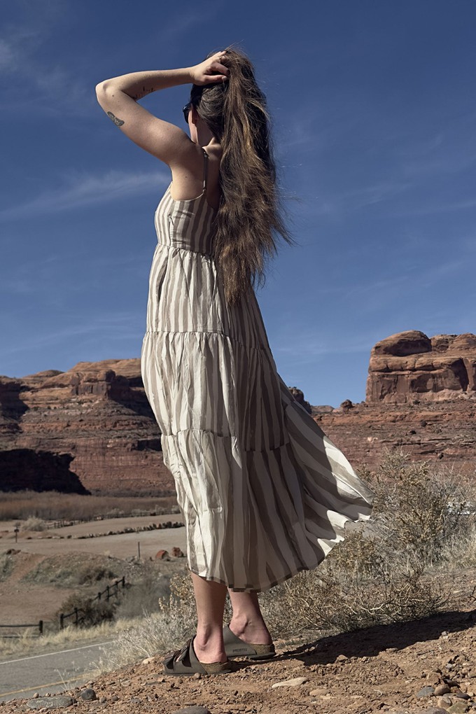 Strappy Tiered Maxi Dress in Beige Stripes from Reistor
