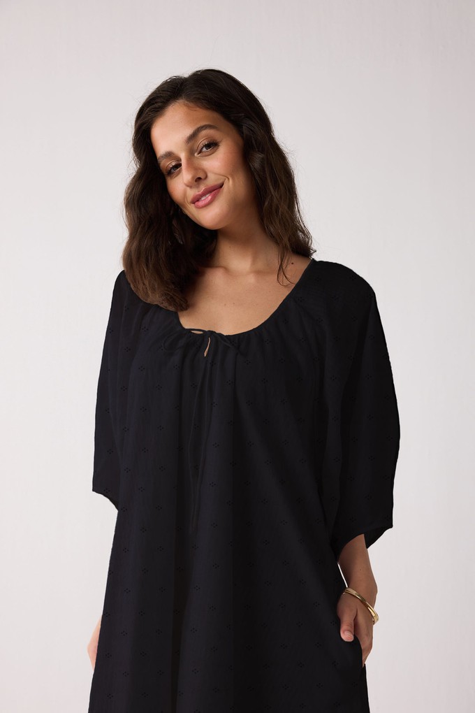 Puff Sleeved Dress with Drawstring Neckline in Black from Reistor