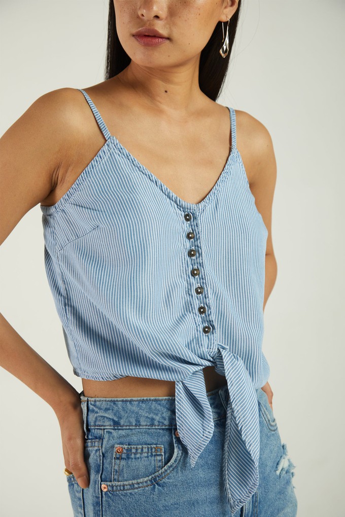 Pool Day Tan Lines Denim Top in Striped Denim from Reistor