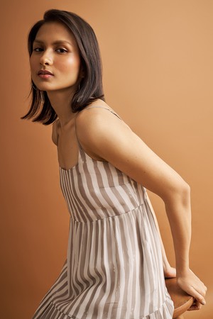 Strappy Tiered Maxi Dress in Beige Stripes from Reistor