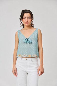 Deep V-Neck Polka Dot Top with Bow Detail via Reistor