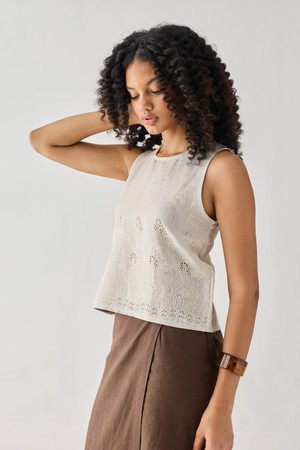 The Embroidered Button Back Top in Checkered Linen from Reistor