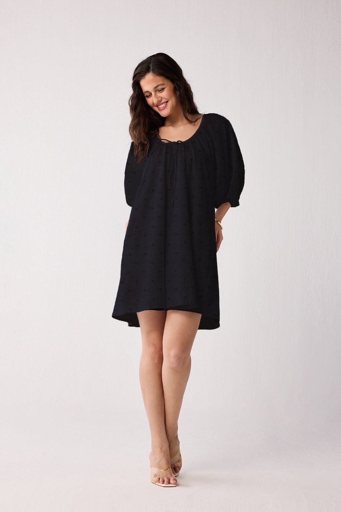 Puff Sleeved Dress with Drawstring Neckline in Black from Reistor