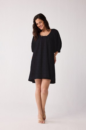 Puff Sleeved Dress with Drawstring Neckline in Black from Reistor