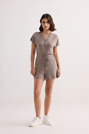 V-neck Drawstring Knit Romper in Earth Grey from Reistor