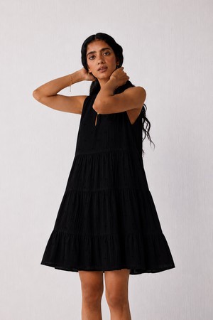 Embroidered Everyday Sleeveless Short Tiered Dress in Black from Reistor