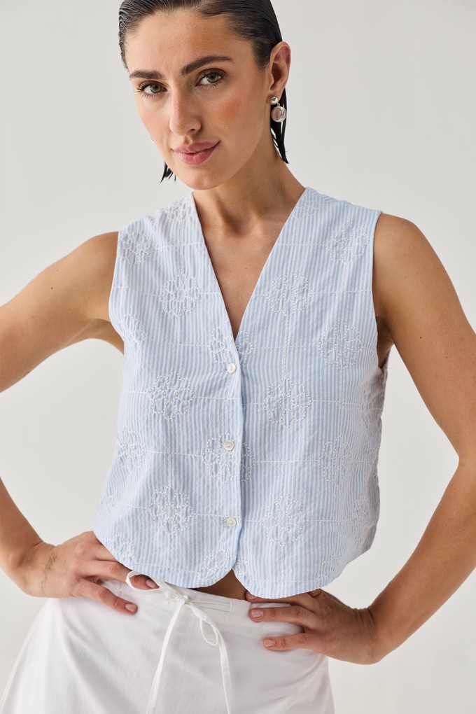 Embroidered Sleeveless Vest Top in Blue Stripe from Reistor