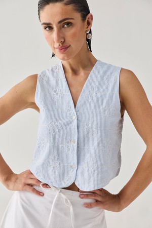Embroidered Sleeveless Vest Top in Blue Stripe from Reistor