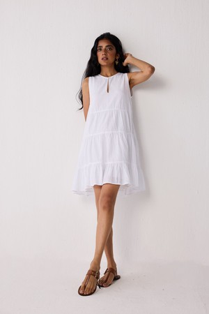 Embroidered Everyday Sleeveless Short Tiered Dress in White from Reistor