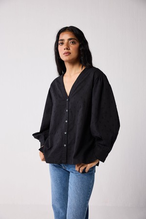 Embroidered Shirt with Long Balloon Sleeves in Black from Reistor