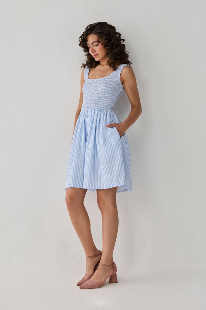Smocked Short Dress in Blue Stripes from Reistor