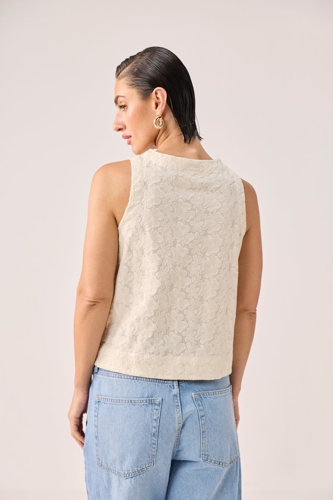 Embroidered Button Front Neck Top in Cream from Reistor