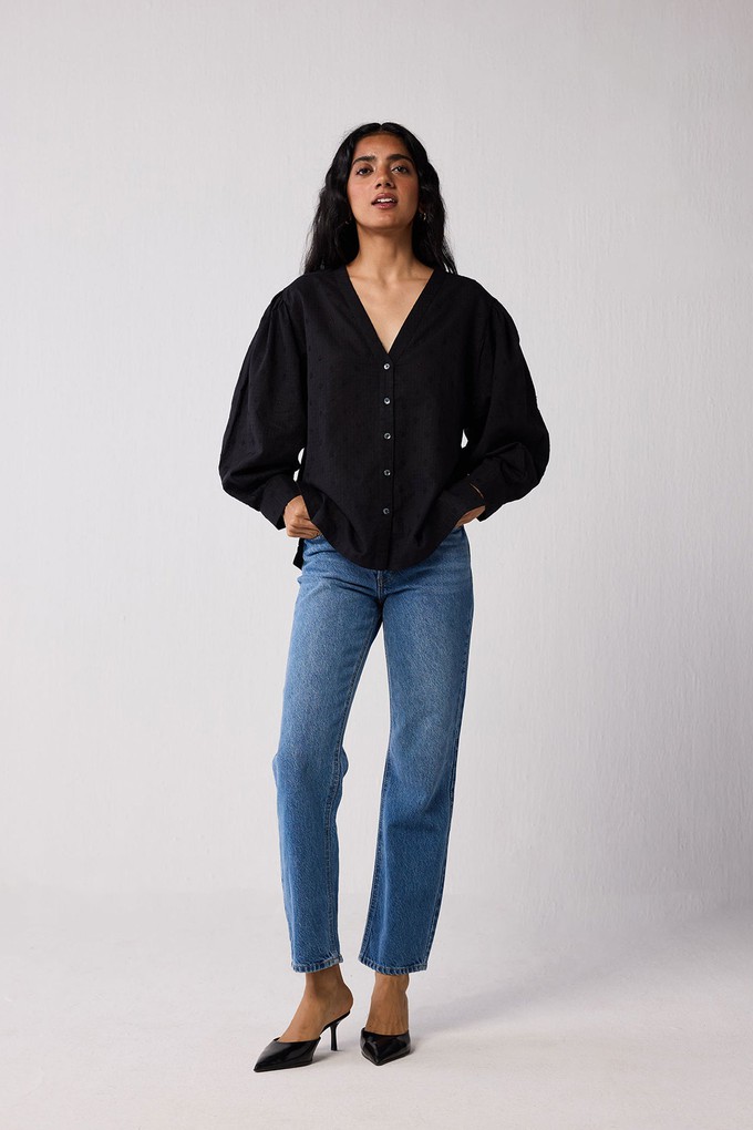 Embroidered Shirt with Long Balloon Sleeves in Black from Reistor