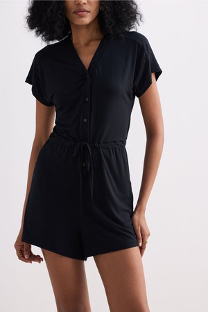 V neck Drawstring Knit Romper in Black from Reistor