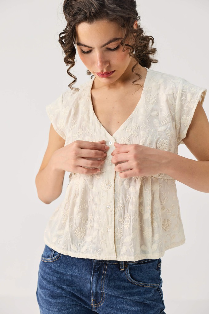 Embroidered Deep V Neck Top in Cream from Reistor