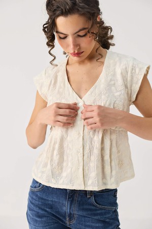 Embroidered Deep V Neck Top in Cream from Reistor