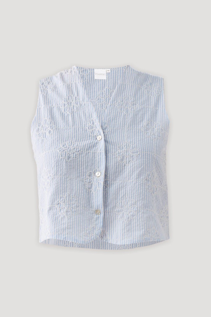 Embroidered Sleeveless Vest Top in Blue Stripe from Reistor