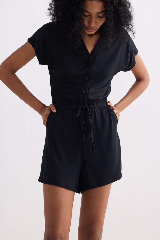 V neck Drawstring Knit Romper in Black from Reistor